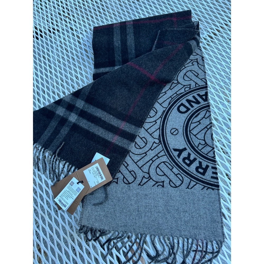 NWT BURBERRY 100% Cashmere Scarf KNIGHT TB GNT CHK SHALE GRAY RET $ 660 ITALY
